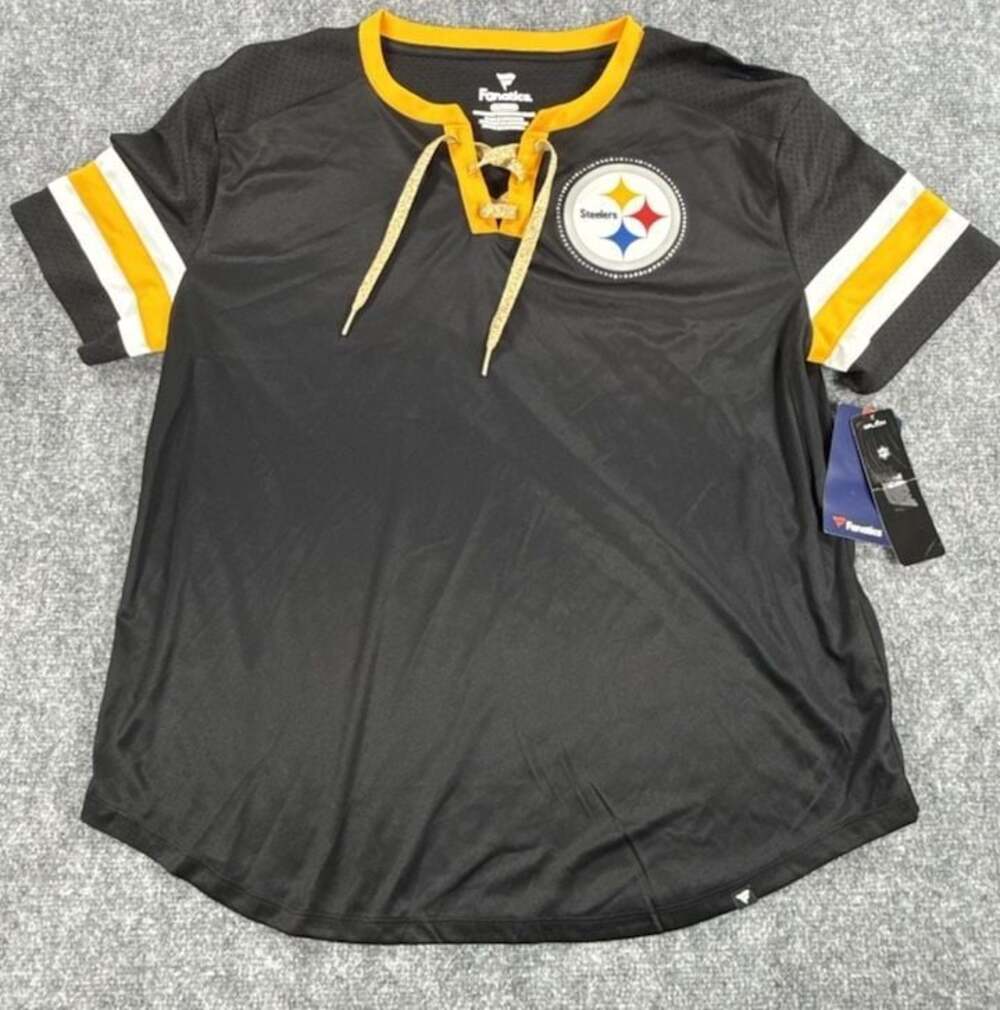 Womens Fanatics Black Pittsburgh Steelers Lace-Up Bling T-Shirt- XL